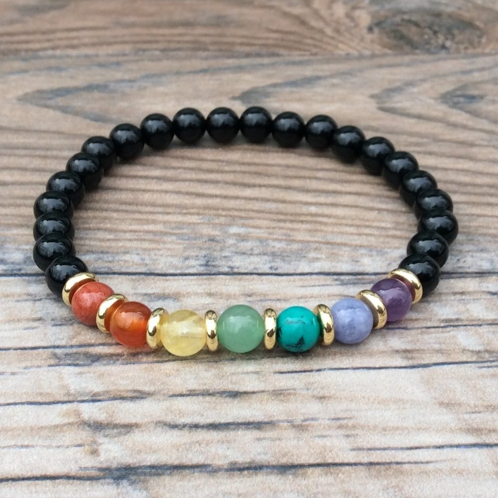 Chakra bracelet with Black Onyx, Rainbow bracelet, Healing bracelet